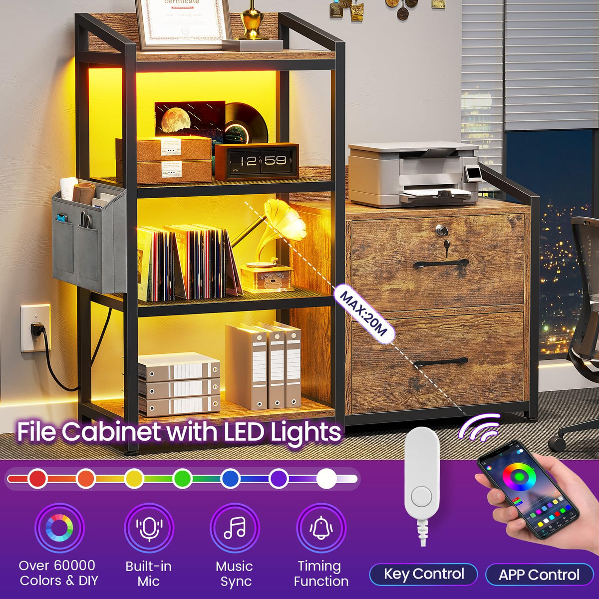 35.4” File Cabinet with 2 Drawer, Power Strip, LED Lights, Lock, Open Shelf, Rustic Brown T116406