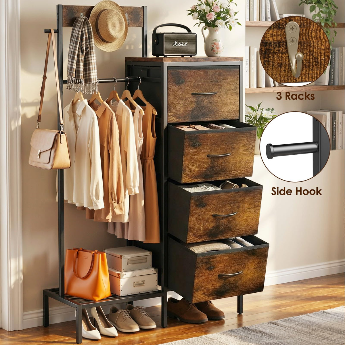 Brown Wood Dresser with Hanging Rack and Storage Drawers F631340