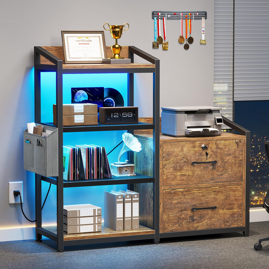 35.4” File Cabinet with 2 Drawer, Power Strip, LED Lights, Lock, Open Shelf, Rustic Brown T116406