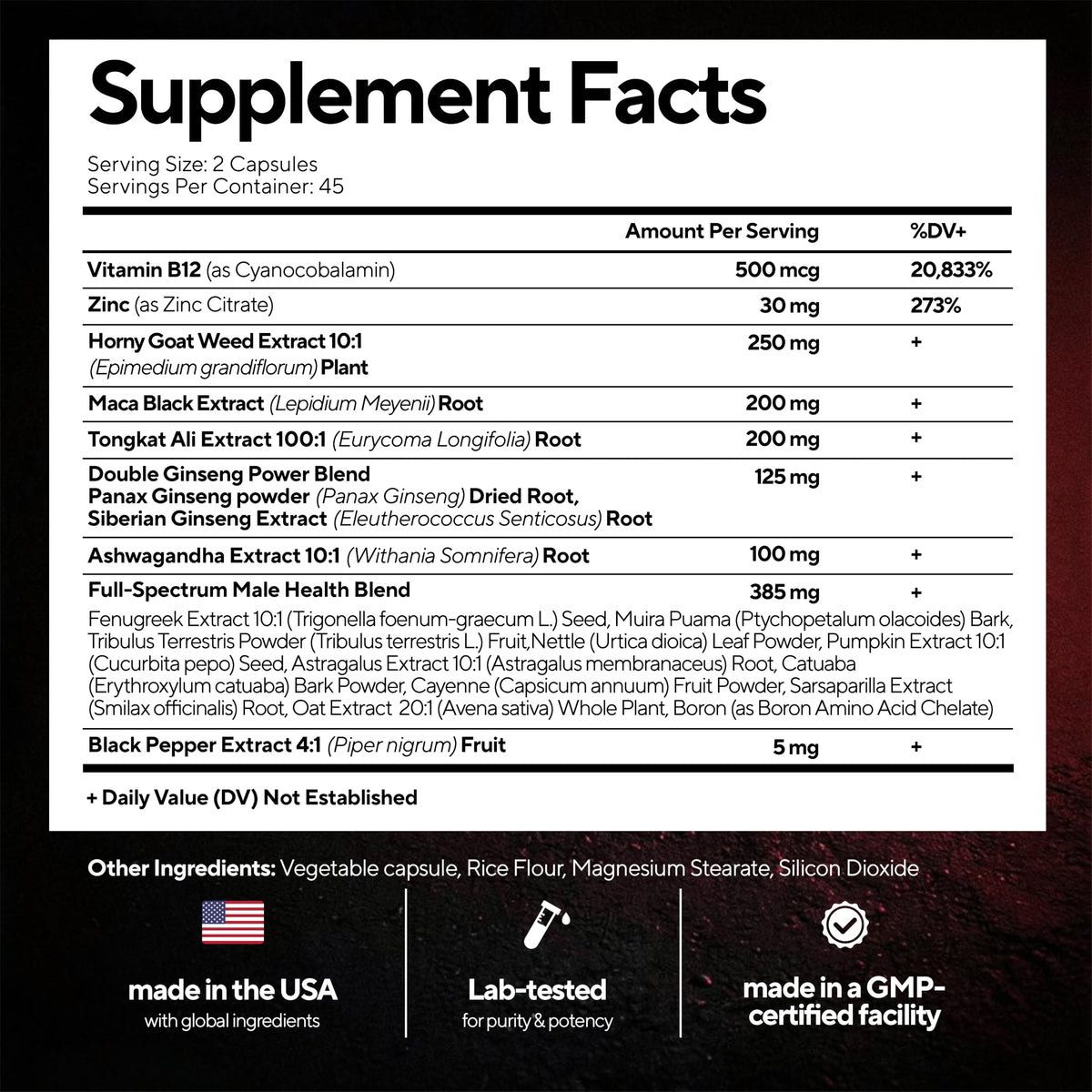 90 Vegan Caps Men Supplements with Tongkat Ali, Black Maca Root, Zinc, Vitamin B12 N441