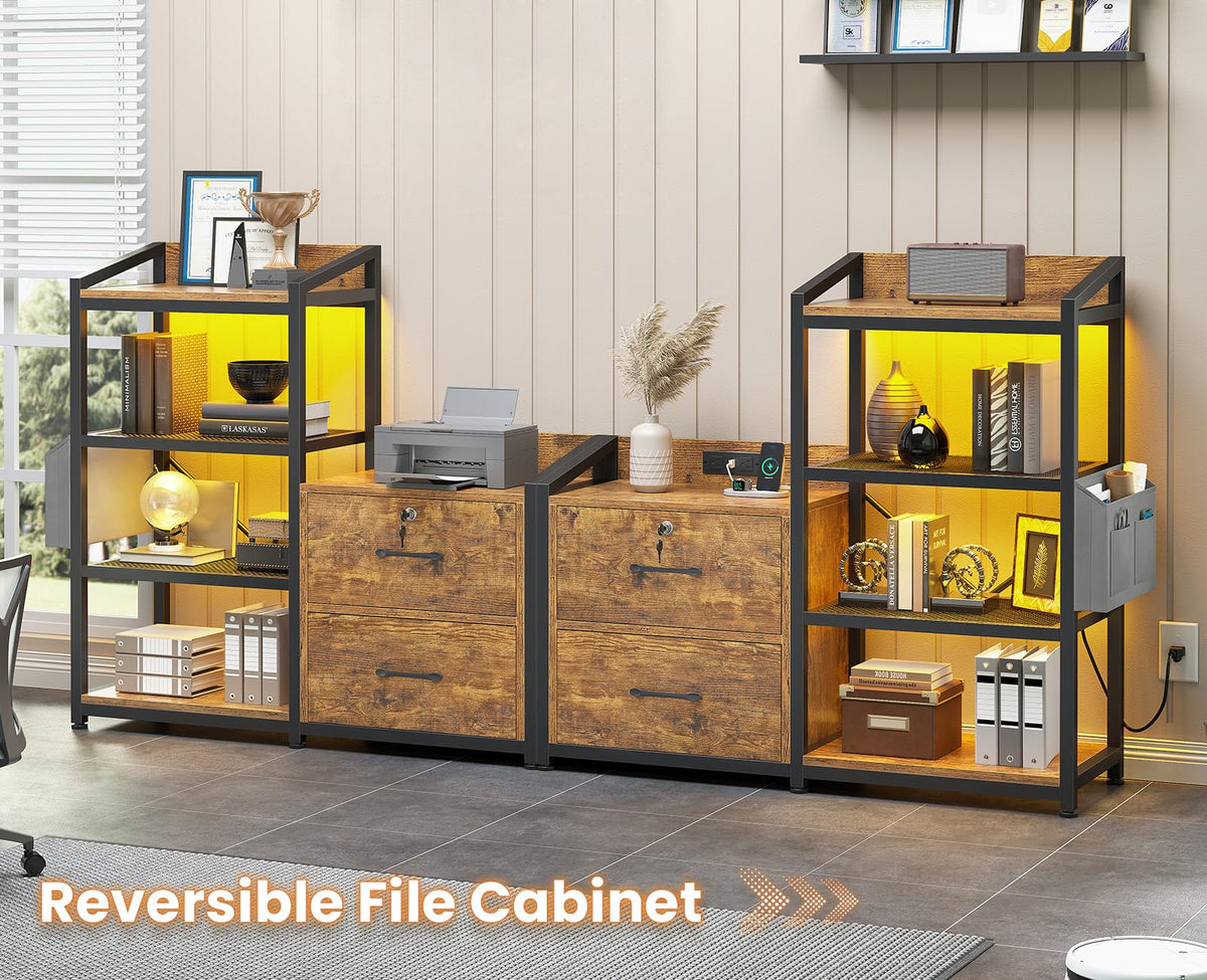 35.4” File Cabinet with 2 Drawer, Power Strip, LED Lights, Lock, Open Shelf, Rustic Brown T116406