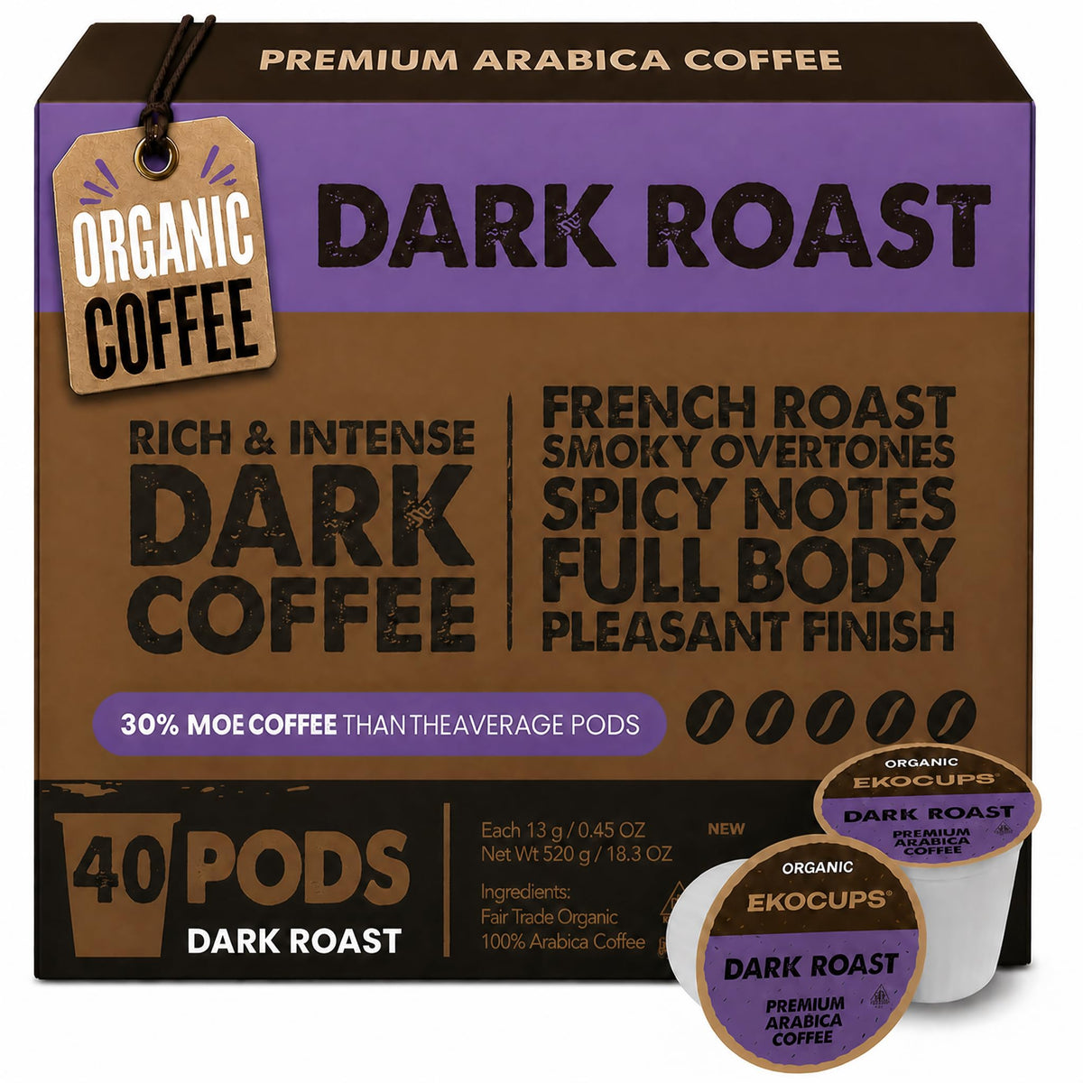 Organic Dark Roast Coffee Pods, 40 Recyclable Capsules E343715