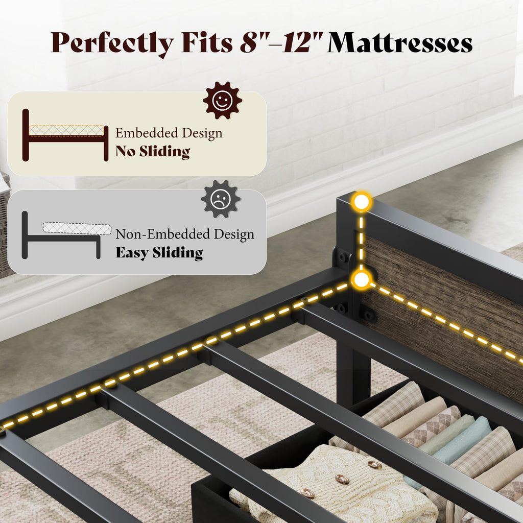Twin Bed Frame with LED Lights & 2-Tier Storage Headboard W26292