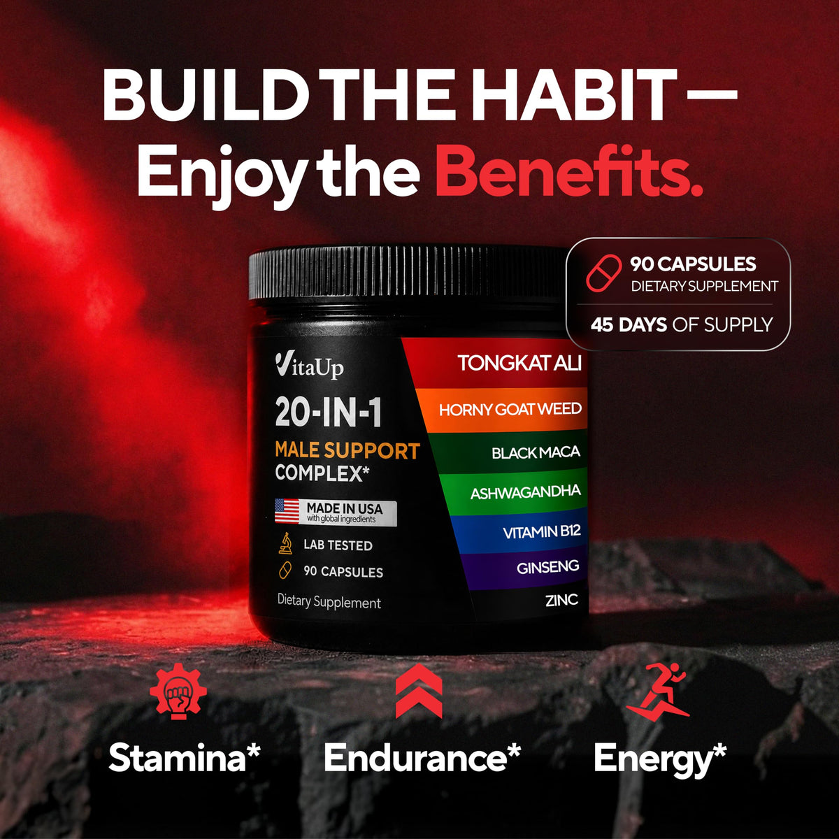 90 Vegan Caps Men Supplements with Tongkat Ali, Black Maca Root, Zinc, Vitamin B12 N441