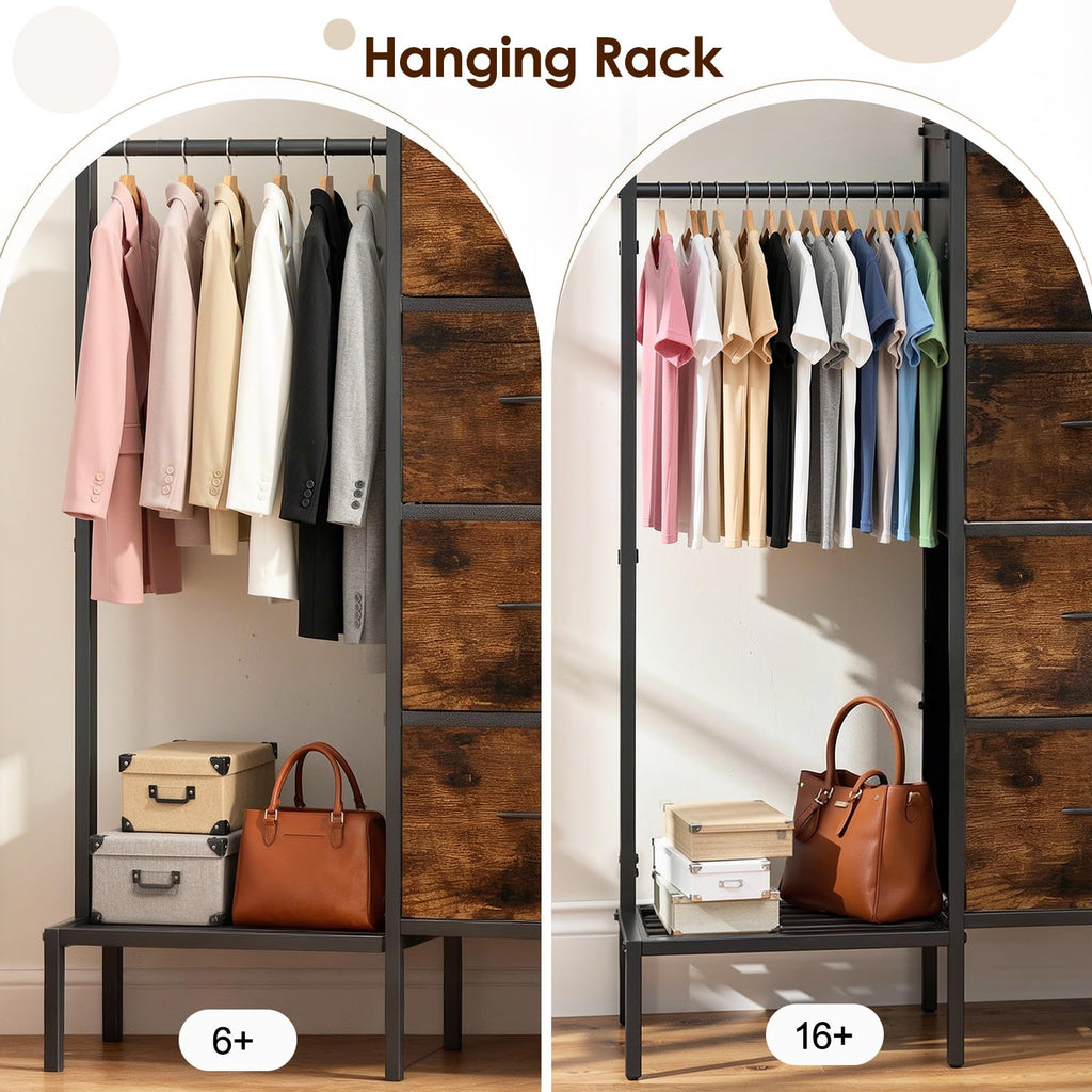 Brown Wood Dresser with Hanging Rack and Storage Drawers F631340