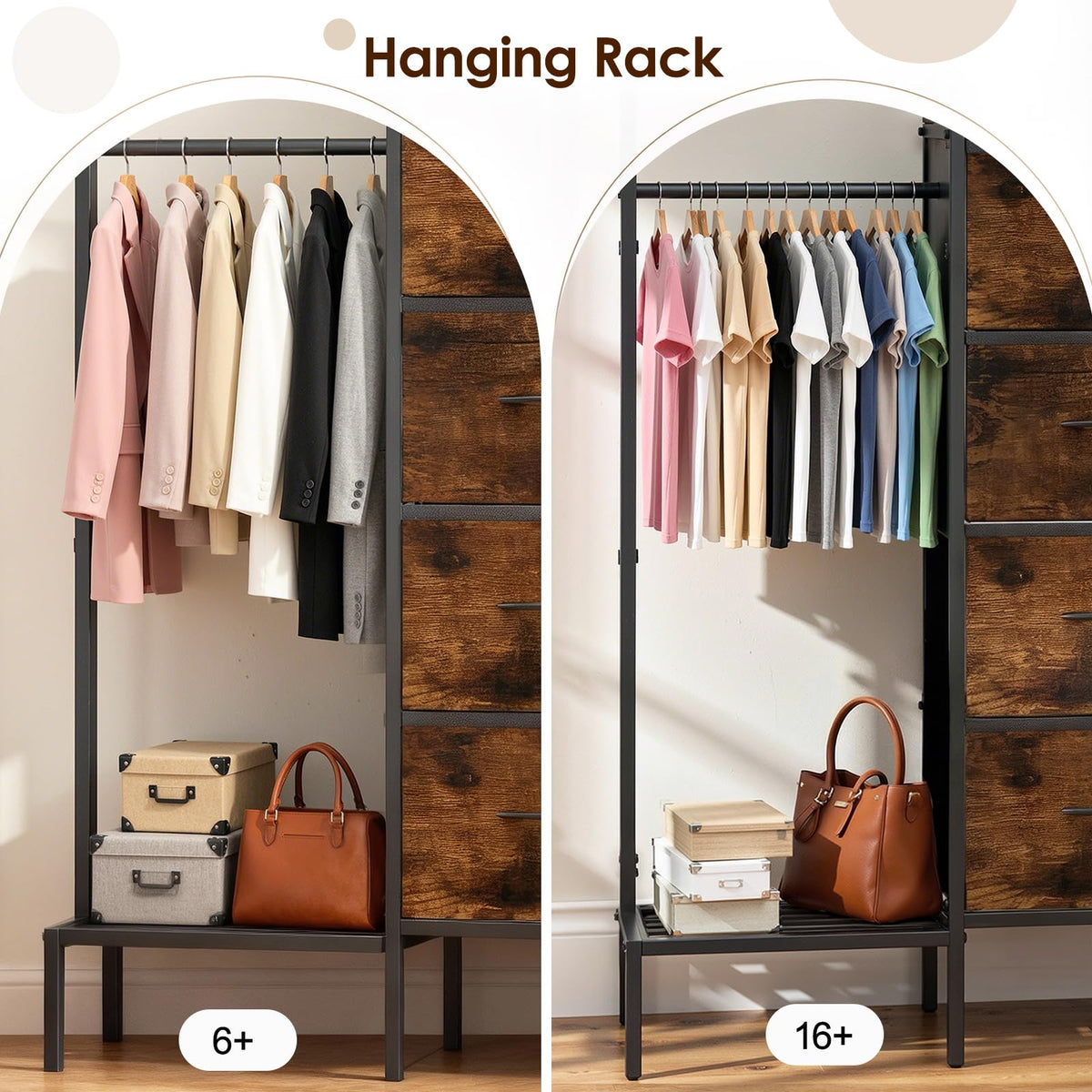 Brown Wood Dresser with Hanging Rack and Storage Drawers F631340