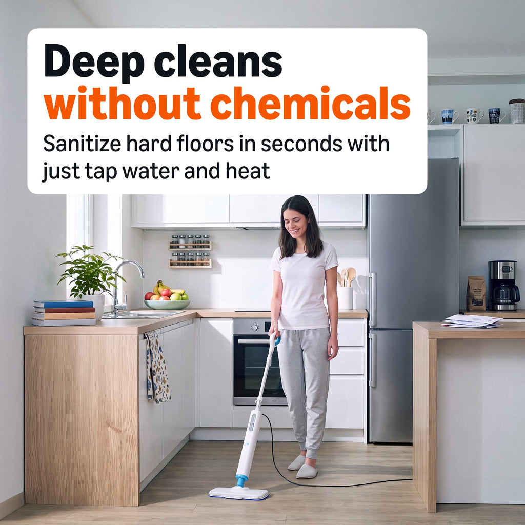 Steam Mop for Sealed Hard Floors, 3 Washable Pads, 20-Foot Cord, White R165
