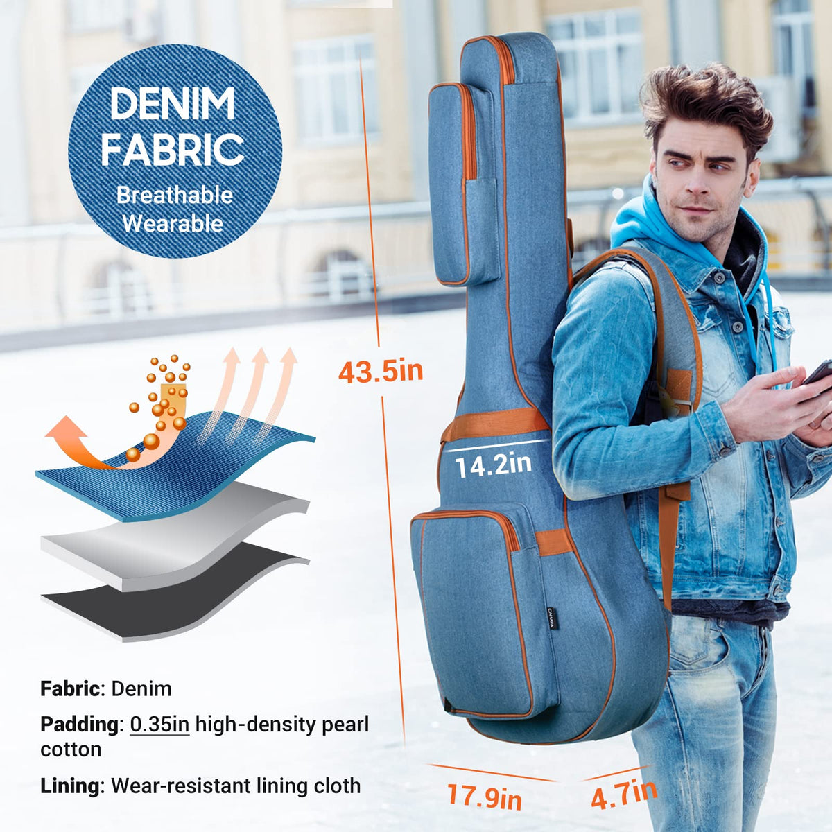 0.35inch Padded Soft Denim Guitar Gig Bag with Storage Pockets I7392