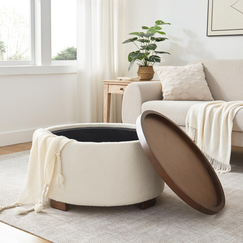 30 Inch Round Boucle Storage Ottoman D557