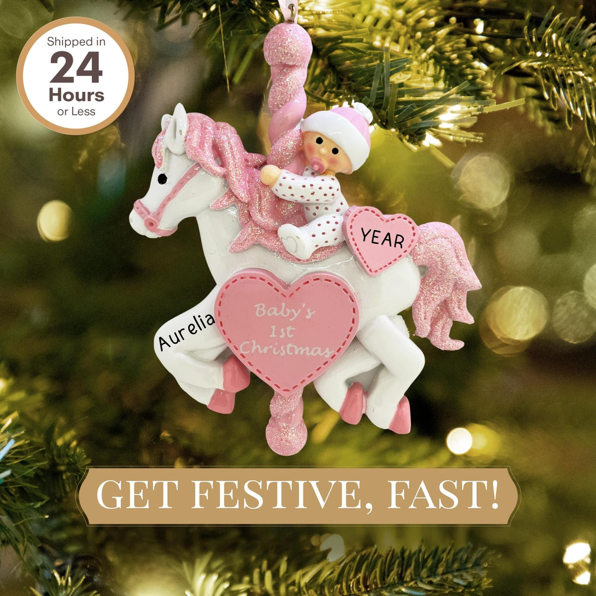 Baby's First Christmas Ornament 2026 Pink Carousel V889755