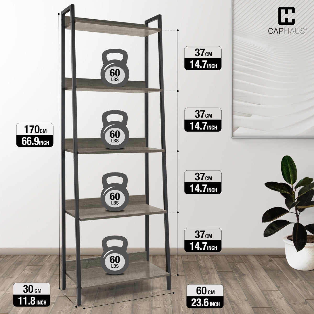 5 Tier Ladder Bookshelf, 24 Inch Free Standing Storage Rack, Dark Grey Z97614