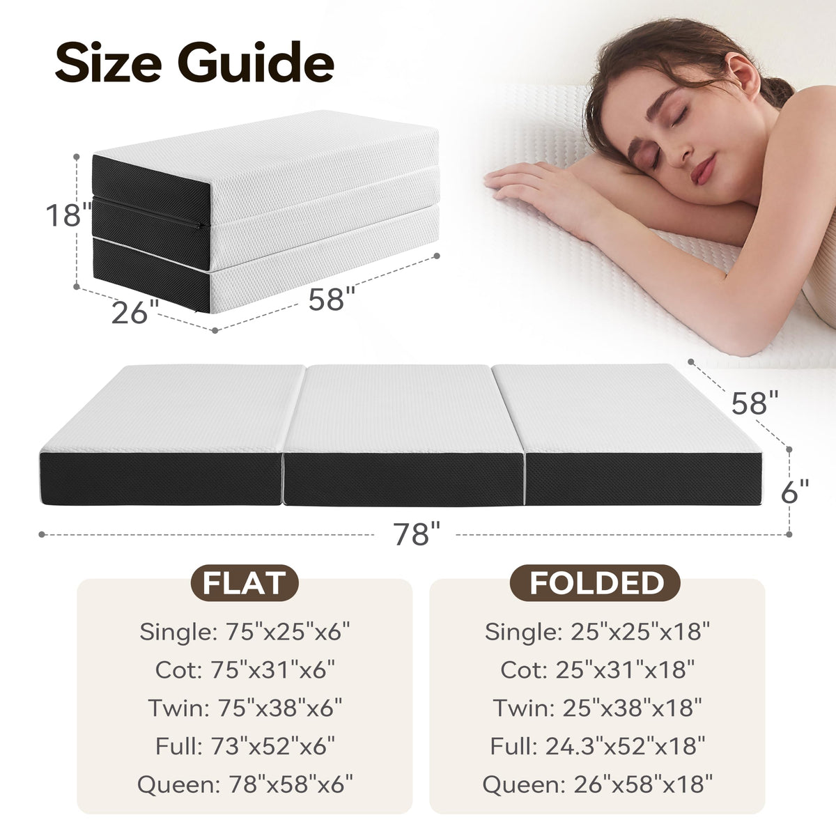 6 Inch Tri Fold Memory Foam Queen Mattress with Washable Cover K70091
