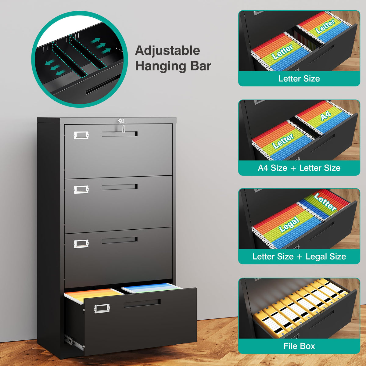 Black 4 Drawer Metal Lateral File Cabinet with Lock G7387
