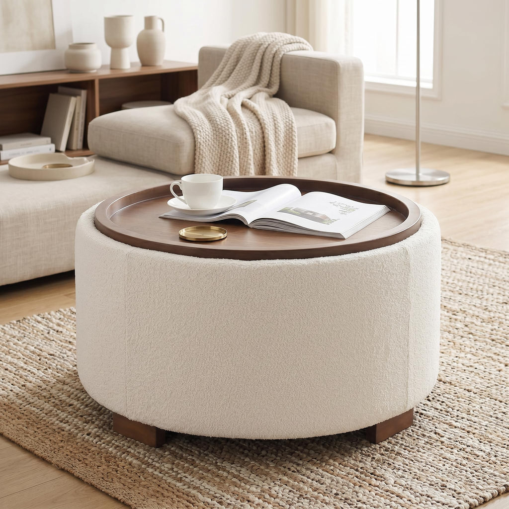 30 Inch Round Boucle Storage Ottoman D557