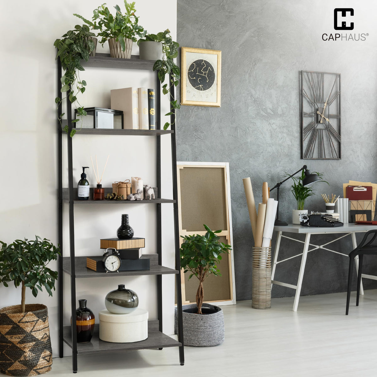 5 Tier Ladder Bookshelf, 24 Inch Free Standing Storage Rack, Dark Grey Z97614
