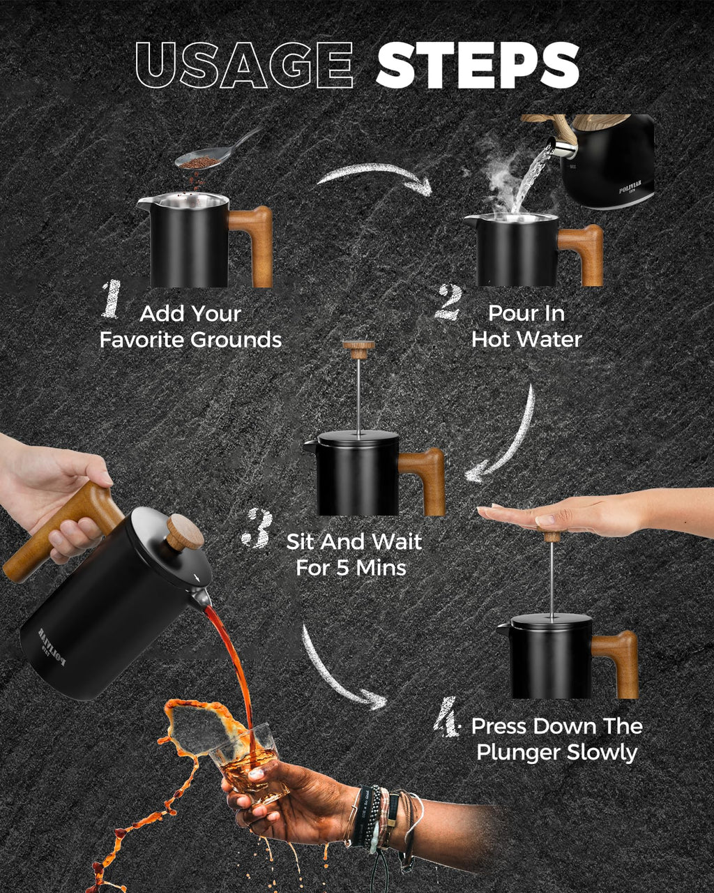 French Press Coffee Maker, 21oz, Black G840