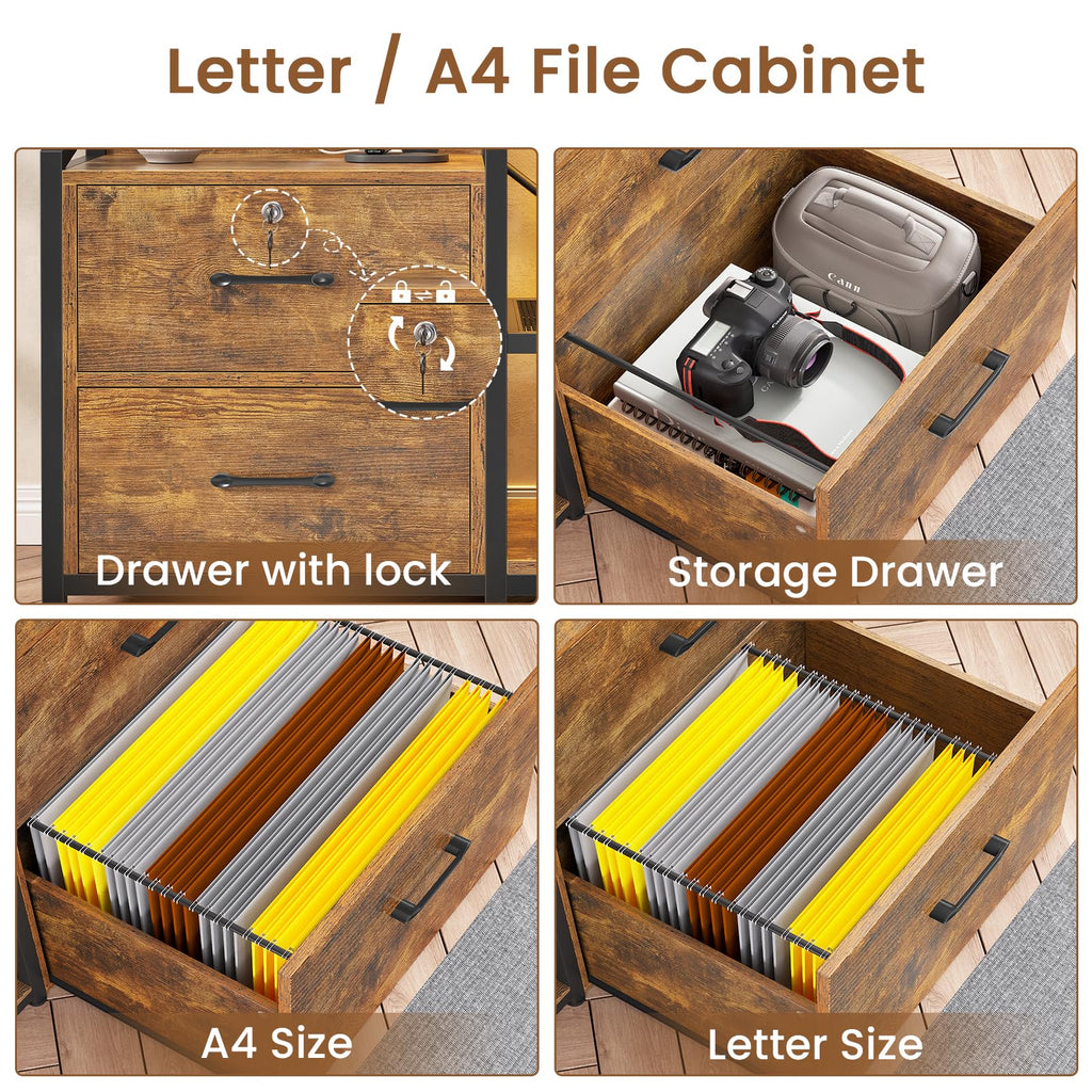 35.4” File Cabinet with 2 Drawer, Power Strip, LED Lights, Lock, Open Shelf, Rustic Brown T116406