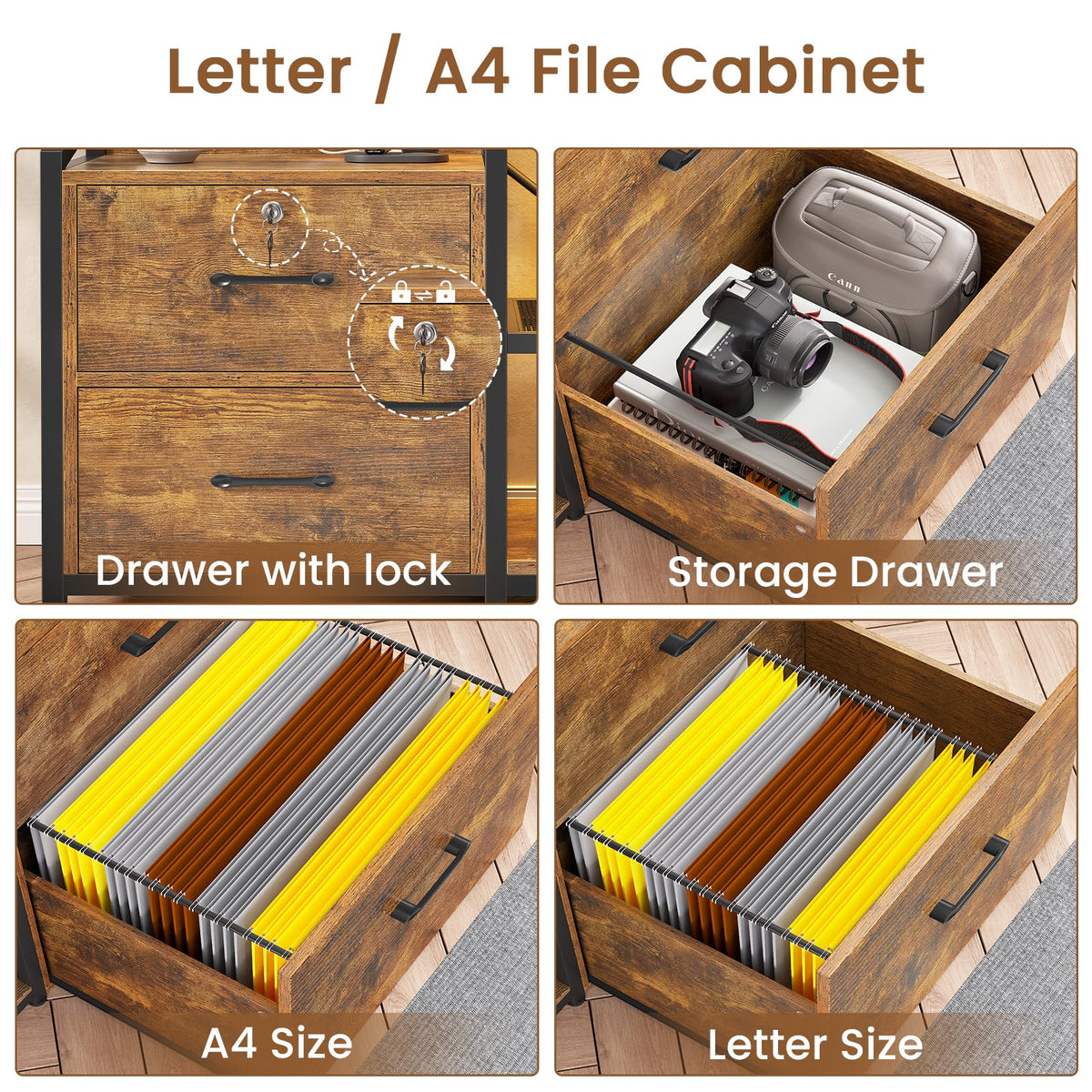 35.4” File Cabinet with 2 Drawer, Power Strip, LED Lights, Lock, Open Shelf, Rustic Brown T116406