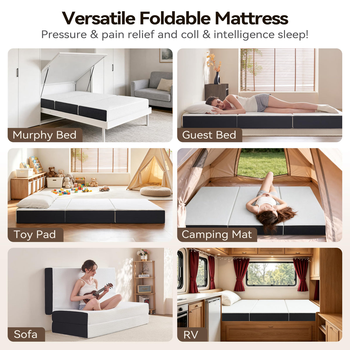 6 Inch Tri Fold Memory Foam Queen Mattress with Washable Cover K70091